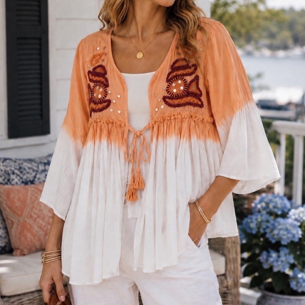 JW Style Babydoll Top Women Medium Orange White Embroidered Tie Front Excellent